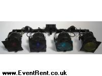  2 x 1.2M T bars with top hat mounting. 8 x Par 56 Black 300W medium floods. 2 x Lighting stands. 2 x 10M Blugin to Blugin +++